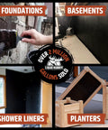 Collage of Basement And Foundation Waterproof Sealer for Indoor And Outdoor Use applied on walls, basements, shower liners, planters