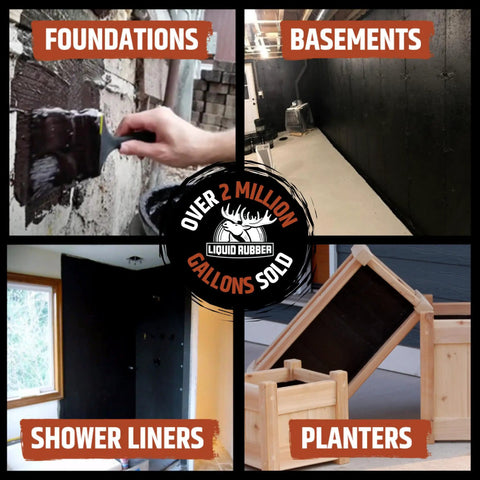 Collage of Basement And Foundation Waterproof Sealer for Indoor And Outdoor Use applied on walls, basements, shower liners, planters