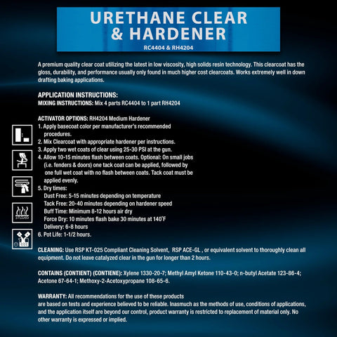 Back label for Restoration Shop 2K urethane clear coat kit; blue header URETHANE CLEAR AND HARDENER with 4:1 mix ratio