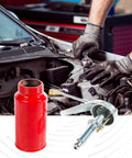 Two oil cans: red 200ml plastic oil spray can and metal manual pump oiler with nozzle for automotive use