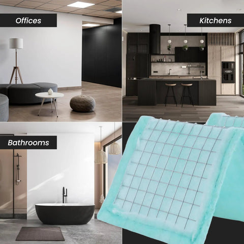 6x6 Replacement Air Filter For 4 Inch Duct Filter Box G3 Class Purifier displayed with usage in offices, kitchens, bathrooms