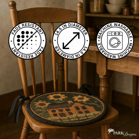 Round Chair Pad Featuring House And Sunflowers Folk Art Design, 14.5 inch, fade resistant, machine washable, on a wooden chair.