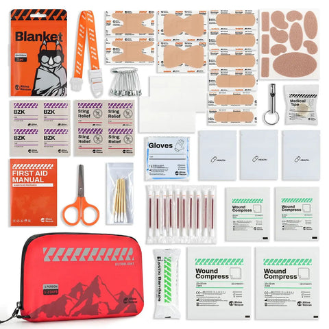 Grab And Go Small Ultralight First Aid Kit For Hiking And Travel, Water Resistant Medical Kit Weighing Just 20g, Compact Nylon Pack With Durable Build, Perfect For Backpacking, Cycling, Road Trips, And Vehicle Use. Contents include bandages, gloves, scissors, and a first aid manual.