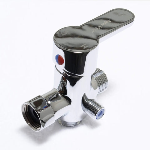 Close-up of chrome brass 4-way valve of Top Notch Premium Stainless Steel Bidet Sprayer Kit with hot and cold mixing control
