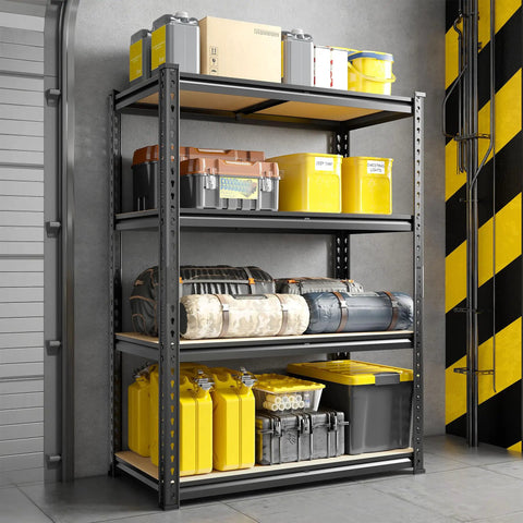 Heavy Duty 4 Tier 48 Inch Metal Shelving Unit With Easy Assembly For Home Garage 1600 Lb Capacity Rolled Edge Steel Columns Wide Open Shelves For Easy Access Storage, loaded with bins