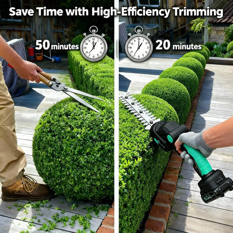 Comparing manual shears and Cordless Hedge Trimmer With Battery 20V No Cords For Quick Hedge Edging And Lawn Cleanup 2 In 1 Grass Shear And Shrub Trimmer Includes 2x 2Ah Batteries And Charge Base