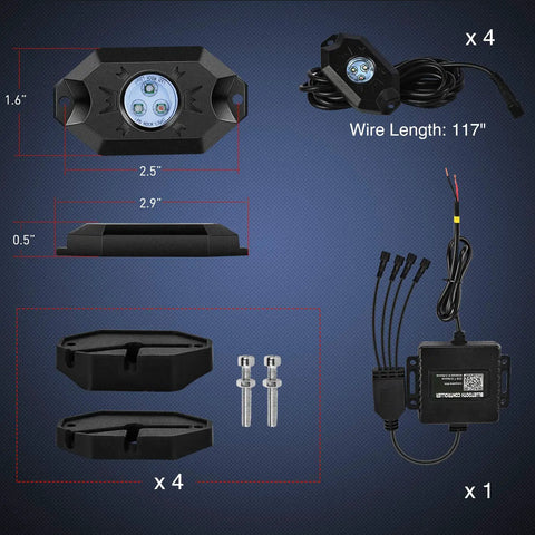 RGB LED Rock Lights Kit With 4 Pods Underglow Neon Lights Bluetooth App Control Music Mode and Flashing Wheel components