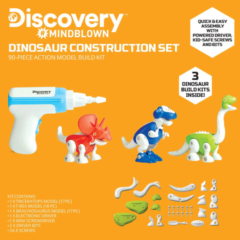 90 Piece Dino Construction Set With Kid Safe Power Screwdriver And Screws Build Brachiosaurus T Rex And Triceratops Action Model Kit