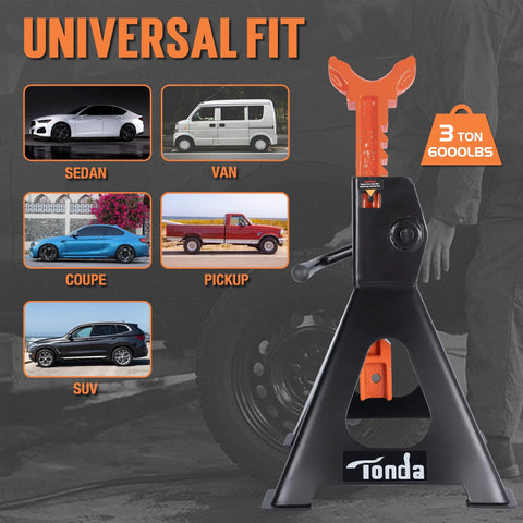 TONDA 3-ton jack stands, extra-tall heavy-duty, adjustable height 13.39–21.06 in, black, pair