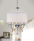 Crystal Chandelier With Chrome Finish Indoor Flush Mount Ceiling Light Five Light Fixture White Crystal Orbs 22 Inch High By 18 Inch Wide Bulbs Not Included Lit Foyer Or Entryway Accent hanging in a living room