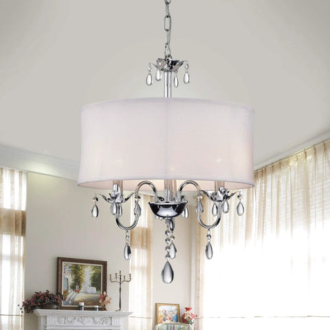 Crystal Chandelier With Chrome Finish Indoor Flush Mount Ceiling Light Five Light Fixture White Crystal Orbs 22 Inch High By 18 Inch Wide Bulbs Not Included Lit Foyer Or Entryway Accent hanging in a living room