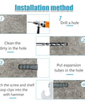 Installation steps for 24 Pack White Wire Shelf Clips With Brackets Set, showing drilling and inserting expansion tubes and clips.