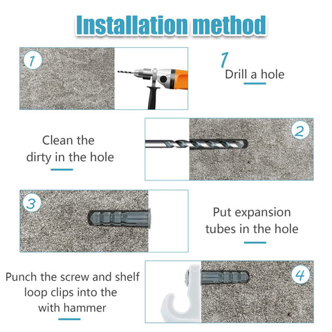 Installation steps for 24 Pack White Wire Shelf Clips With Brackets Set, showing drilling and inserting expansion tubes and clips.