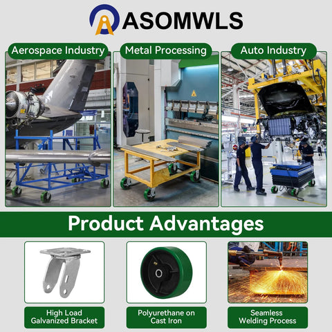 Industrial Swivel Caster Wheels Set Of 4 Heavy Duty Polyurethane Casters With 4000 Lb Load Capacity in various industry settings.