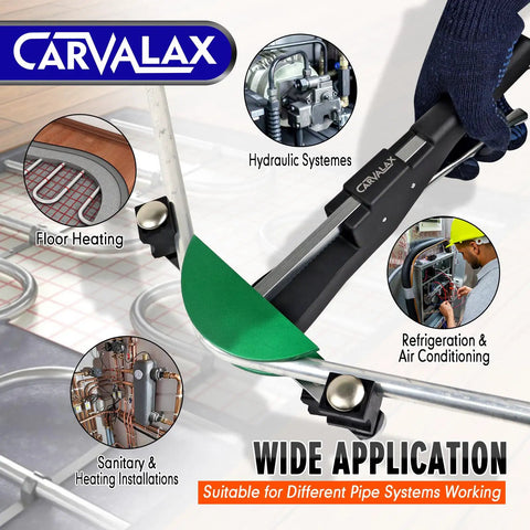 Carvalax Pipe Tube Bender Set For 1/4 To 7/8 Inch O.D. LITE Version demonstrating floor heating and hydraulic applications.