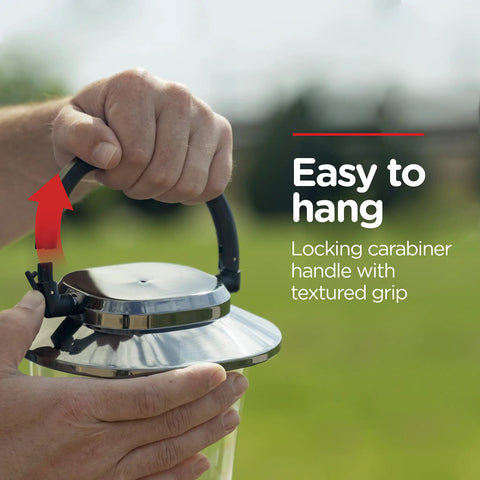 Hands holding battery powered camping lantern with 550 lumens, 360 degree light, carabiner handle shown outdoors.