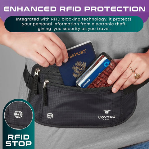 Person using RFID Blocking Travel Money Belt And Passport Holder, Slim Wallet Fanny Pack with passport and cards