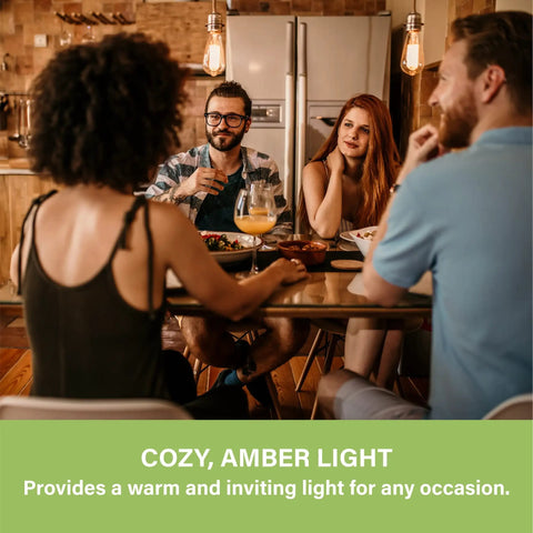 Group enjoying dinner under E26 LED Edison Bulbs Dimmable Vintage Filament Lights 60W Equivalent ST19 Amber Glass 700LM CRI90 glow.