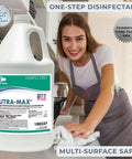 Hospital Grade Disinfectant Cleaner With EPA List N And G Kills 99.9 Percent Of Viruses And Bacteria 1 To 32 Concentrate Makes 32 Gallons Beast Mode Cleaning For Home And Office Multi Surface, labeled bottle and woman in kitchen.