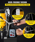 Heavy Duty Magnetic Drill Press With 750W And 1680W Dual Power showing ergonomic handle, coolant bottle, and lifting rod for easy use.