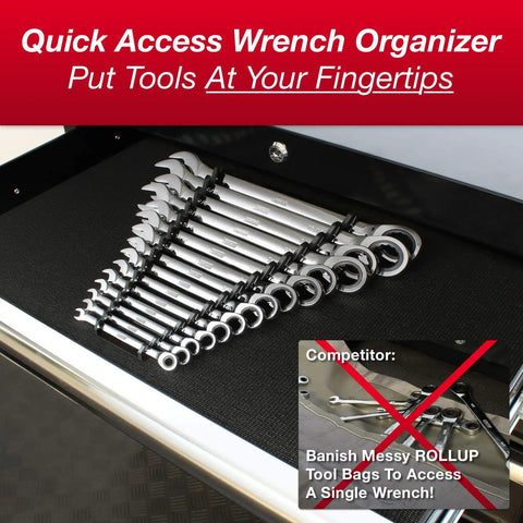 15 Piece 90 Tooth Ratcheting Wrench Master Set With No Fuss Quick Access Wrench Rack Organizer for SAE standards in a drawer
