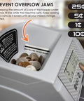 Fast Digital Coin Counter And Sorter Automatically Wrapping Loose Change At 200 Coins Per Minute showing coins in hopper with max fill line.