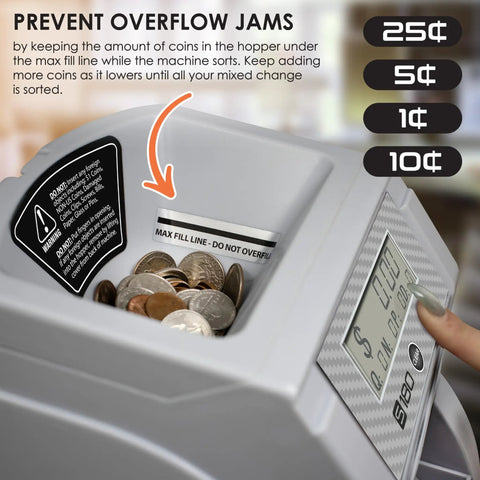 Fast Digital Coin Counter And Sorter Automatically Wrapping Loose Change At 200 Coins Per Minute showing coins in hopper with max fill line.