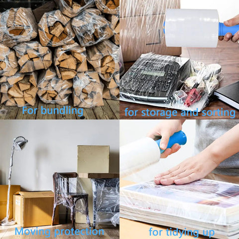 Two Pack Heavy Duty Stretch Wrap Film With Easy Spin Winding Handle And 80 Gauge Self Adhesive Pallet Rolls for moving protection and bundling.