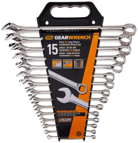 Image of 15 Piece Long Pattern SAE 12 Point Combination Wrench Set with Off Corner Box End for Better Grip and Less Fastener Rounding