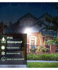 JUDYSSY Pir Motion Sensor Led Flood Light 220 Waterproof Spotlight shown in rain, highlighted with IP66 waterproof features.