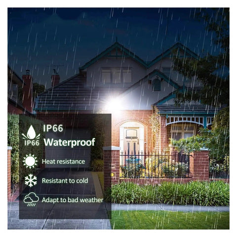 JUDYSSY Pir Motion Sensor Led Flood Light 220 Waterproof Spotlight shown in rain, highlighted with IP66 waterproof features.