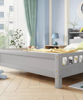 Full Pine Wood Bed With Bookcase Headboard And LED Motion Sensor Light Gray Finish in modern teen bedroom