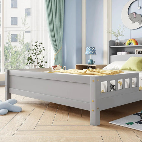 Full Pine Wood Bed With Bookcase Headboard And LED Motion Sensor Light Gray Finish in modern teen bedroom