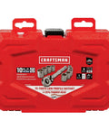 Pro Mechanics Tool Set Featuring A Badass Low Profile Ratchet With 72 Teeth And 6 Point Chrome Sockets Built For Crushing Tough Jobs In Tight Spaces Pumping Massive Torque Backed By A Lifetime Warranty Metric Drive Pieces in a red carrying case.