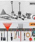 Garden Tool Organizer Wall Mount For Garage Storage And Yard Hanger With Adjustable Pegboard Hooks Shed Rack For Broom Mop Shovel Rake Trimmers And More, 48 inch Max 550 lbs heavy duty black, showing before and after garage organization.
