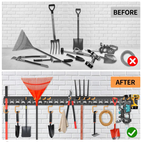 Garden Tool Organizer Wall Mount For Garage Storage And Yard Hanger With Adjustable Pegboard Hooks Shed Rack For Broom Mop Shovel Rake Trimmers And More, 48 inch Max 550 lbs heavy duty black, showing before and after garage organization.