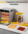 Hella Spacious 12 Tray Food Dehydrator With Stainless Steel Racks For Cranking Out Beef Jerky Dried Fruit Veggie Chips And Garden Herbs A Total Game Changer For Preserving Fresh Harvest Without The Hassle with fruit and accessory display.