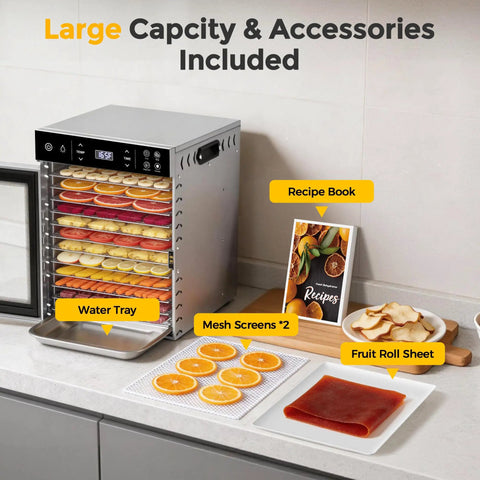 Hella Spacious 12 Tray Food Dehydrator With Stainless Steel Racks For Cranking Out Beef Jerky Dried Fruit Veggie Chips And Garden Herbs A Total Game Changer For Preserving Fresh Harvest Without The Hassle with fruit and accessory display.