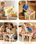 Gotta Have This Solid Wood Montessori Activity Table For One Year Olds Boasting A Cozy Farm Sensory Station with kids playing.