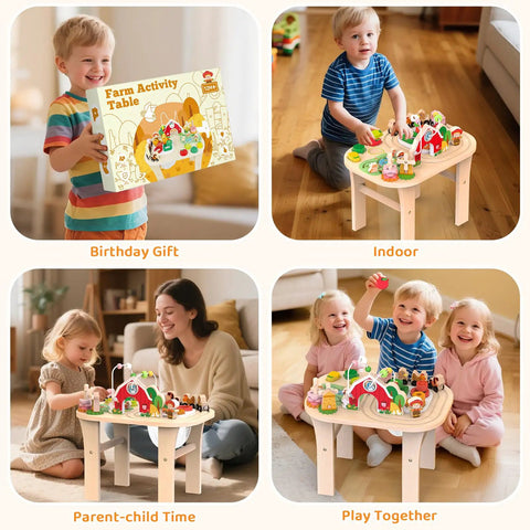 Gotta Have This Solid Wood Montessori Activity Table For One Year Olds Boasting A Cozy Farm Sensory Station with kids playing.