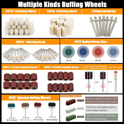 140 Piece Polishing Kit for Rotary Tools With One Eighth Inch Shank Includes Buffing Wheels and Polishing Compounds for Metal Wood Jewelry Resin Glass and More A Dope All In One Setup For DIY Projects featuring buffing wheels, sanding sleeves, and mandrels