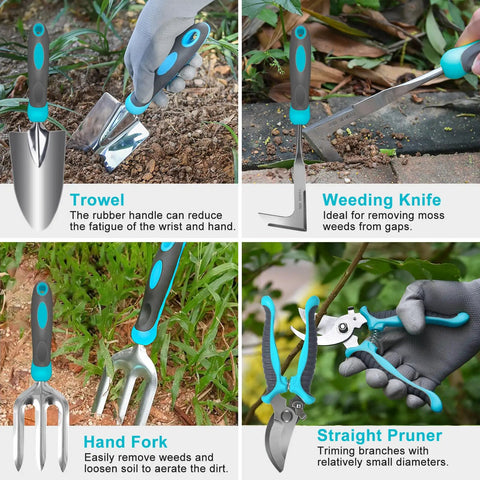 10 Piece Heavy Duty Stainless Steel Garden Tool Set With Ergonomic Rubber Handles All In One Yard Tools Kit For Digging Pruning Planting Weeding Raking And More Comes In Gift Box Awesome Gift For Women, featuring trowel, weeding knife, hand fork, and straight pruner.