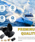 14 1/2 X 17 Aluminum Boat Propeller With 15 Spline Hub, Four Blades, Right Hand Rotation, Boosts Mercury Outboard Performance, 135-300 HP, Mercruiser Alpha Bravo Compatible, Heavy Duty Hub Kits Included, shown with premium quality highlights and boat on water.