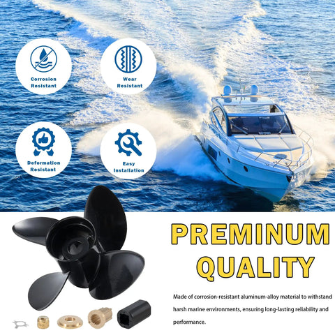14 1/2 X 17 Aluminum Boat Propeller With 15 Spline Hub, Four Blades, Right Hand Rotation, Boosts Mercury Outboard Performance, 135-300 HP, Mercruiser Alpha Bravo Compatible, Heavy Duty Hub Kits Included, shown with premium quality highlights and boat on water.