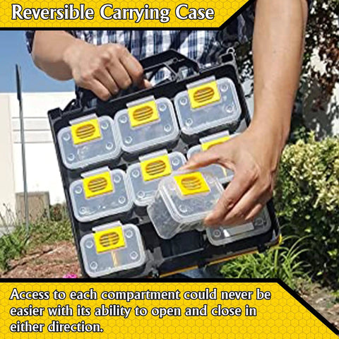 Person holding a hardware tackle box with removable compartment organizer and reversible carrying case for screws nuts and bolts.