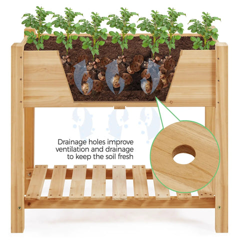 Raised Garden Bed Planter With Legs And Storage Shelf Wooden Elevated Plant Bed For Vegetables And Flowers Backyard Ready For Patio Or Balcony 34 By 18 By 30 Inches Light Brown showing drainage holes