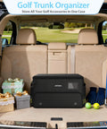 Black 4 Layer Golf Trunk Organizer with Separate Ventilated Shoe Compartment for Two Pairs in car trunk, golf gear around