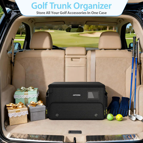 Black 4 Layer Golf Trunk Organizer with Separate Ventilated Shoe Compartment for Two Pairs in car trunk, golf gear around