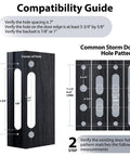 Compatibility guide for Top Tier Euro Mortise Storm Door Lock Body with measurements for installation and adjustment.