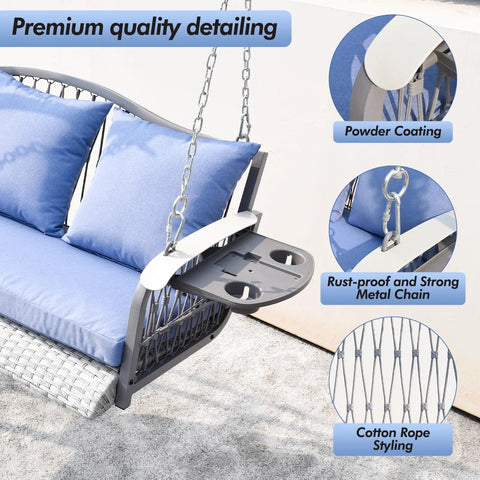 Wicker Porch Swing Three Seat Heavy Duty Outdoor Patio Chair With Cushions And 8.9 Ft Chains Upgraded Cup Holders showcasing powder coating and cotton rope styling.